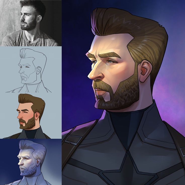 the image shows a digital illustration of chris evans as captain america, in a cartoon style. it includes reference images showing the progression of the artwork, from a photo to a sketch, base colors, and finished piece. the main illustration shows captain america in profile with a stylized hairstyle, beard, and his iconic suit. the background has a blue and purple gradient.