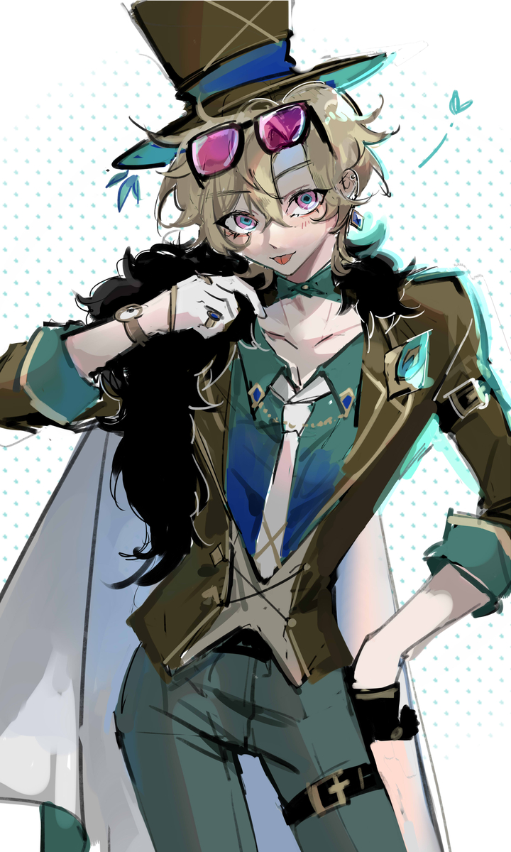 this is a digital illustration of an animestyle male character. he is wearing a brown hat with blue trim, pink sunglasses, a brown jacket, a blue shirt, and black pants. he has blonde hair and blue eyes. he is smiling and has a smirk on his face. he is holding one hand up to his face, with his index finger extended and the other hand in his pocket. the background is a light blue and white polka dot pattern.