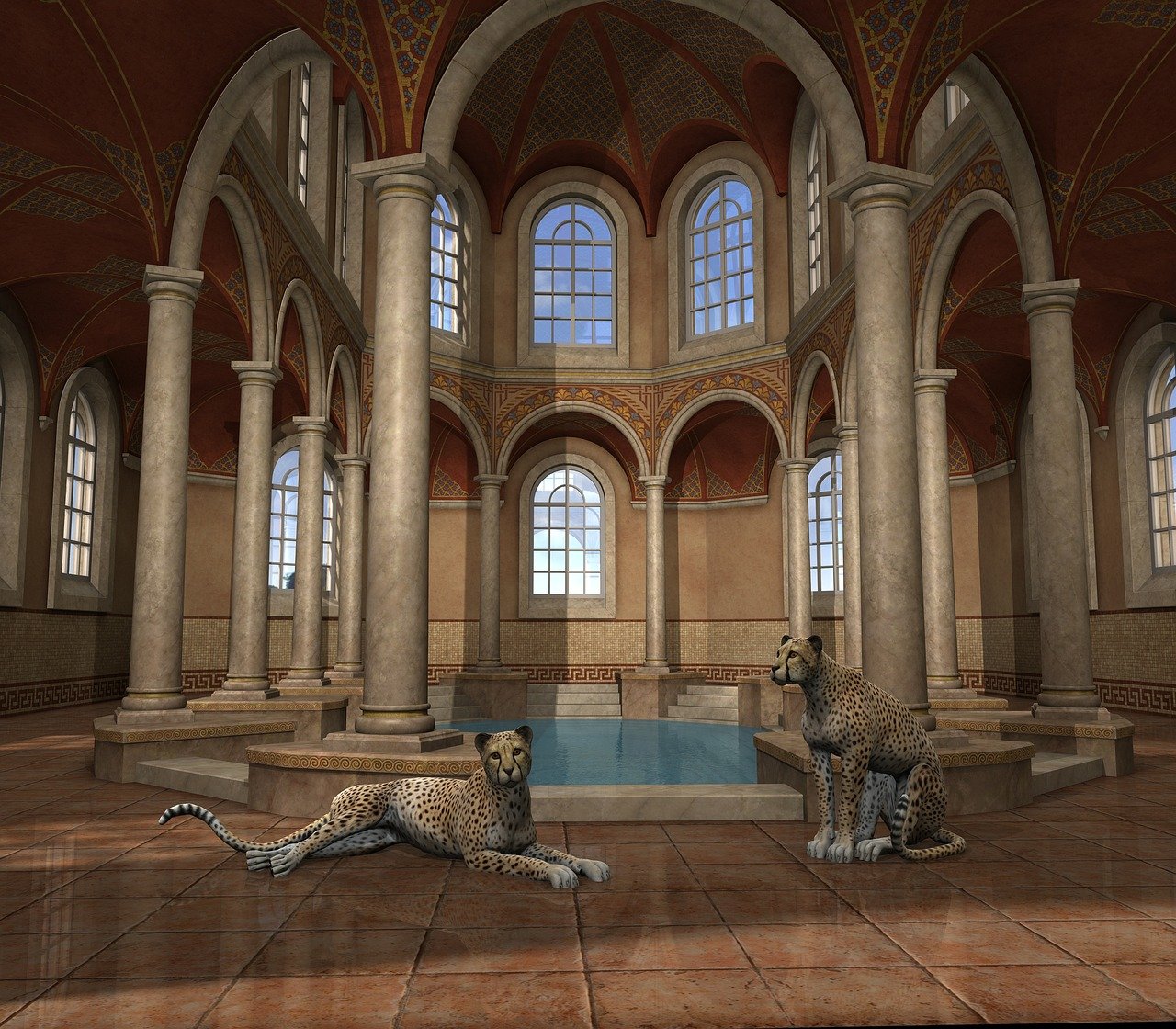 the image shows a grand indoor hall with classical architecture elements. tall marble columns support arches and a vaulted ceiling adorned with ornate patterns. natural light streams in through large arched windows. a rectangular pool of water is centrally located, and two cheetahs are present: one lying down and one sitting beside the pool. the hall features tiled flooring and geometric motifs near the base of the walls.