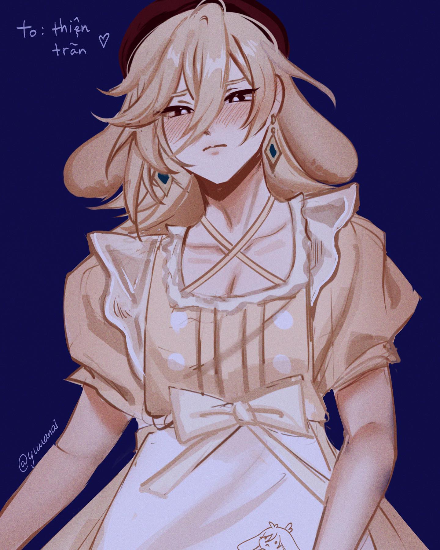 the image is a digital fanart depicting a young woman with long blonde hair, styled with a beret. she is wearing a light beige dress with an apronlike overlay, decorated with small, pale dots.  her expression is shy and blushing. the art style is animeinspired, with soft features and pastel coloring. there's a small, indistinct figure seemingly embroidered or printed on the lower part of her dress.  the background is a dark blue.  text in a different language (appears to be vietnamese) is present in the topleft corner, likely a dedication or note to someone. the overall impression is one of sweetness and cuteness. the style suggests it could be fanart for a game like genshin impact, although this isn't definitively stated.