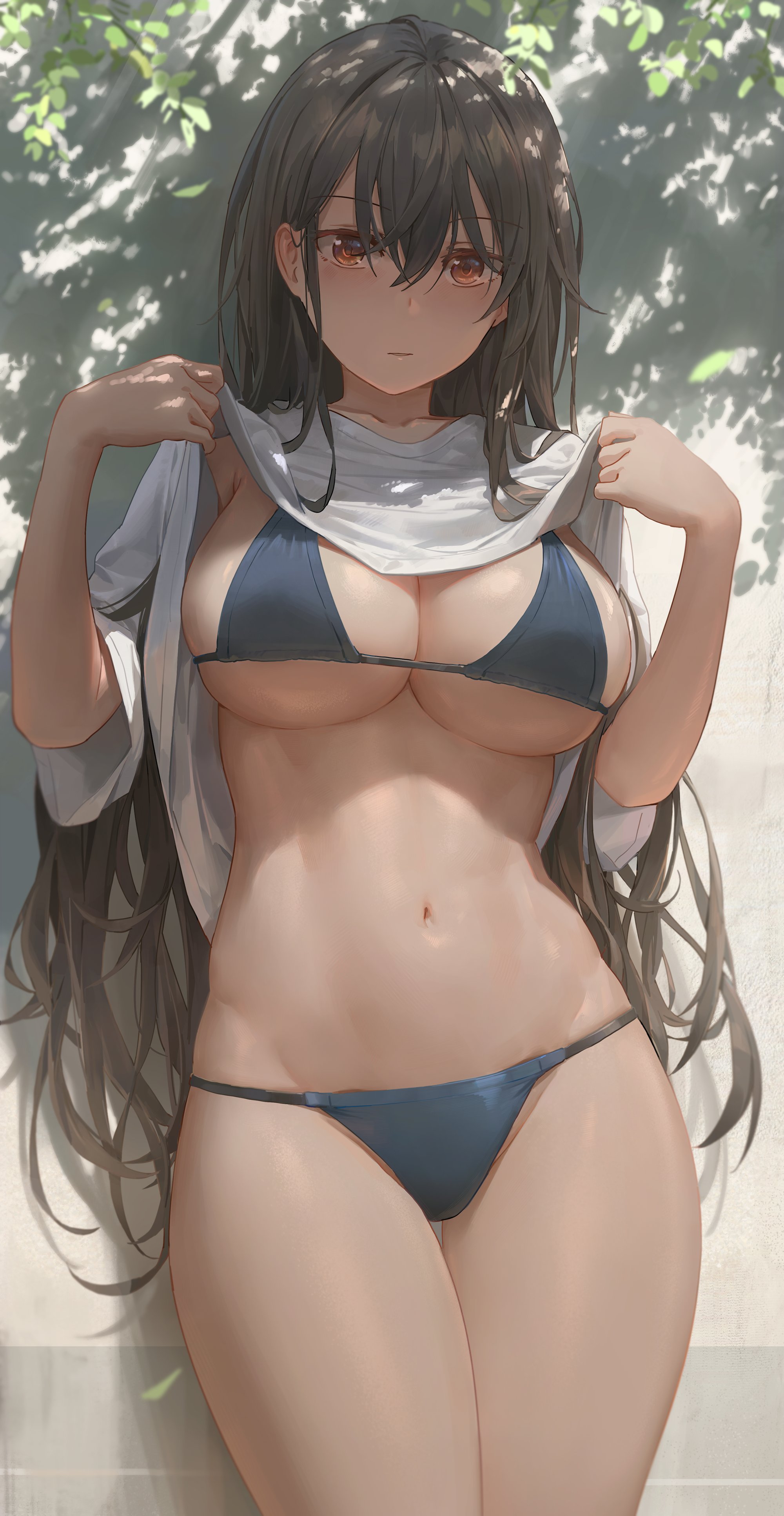 the image depicts a young anime woman with long brown hair. she's wearing a dark blue bikini and a loose white shirt that she's partially removed, revealing her physique. she stands against a wall, partially shaded by leaves and sunlight. the overall style is soft and realistic, with a focus on the character's attractive features and the interplay of light and shadow. the artwork is digitally rendered and exhibits detailed coloring and shading, giving the character and background a smooth, painterly look.