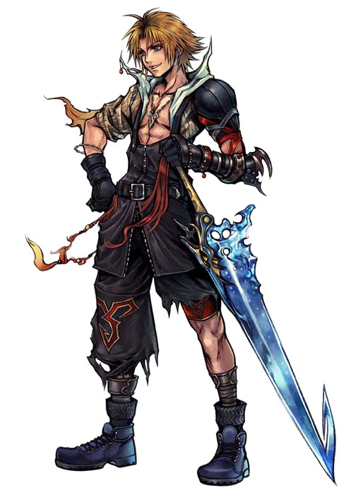 the image features tidus, a wellknown character from the final fantasy x video game. he's depicted in his signature outfit: a black and yellow sleeveless tunic paired with black shorts and blue boots. his spiky blonde hair and youthful features are characteristic of his design. he sports a confident smirk and holds a large, ornate blue sword, hinting at his prowess in battle. the detailed artwork emphasizes his muscular physique and the intricate designs of his attire and weapon.