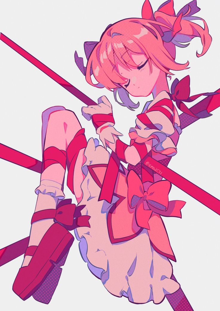 the image is a digital illustration of an animestyle girl. she has long pink hair styled in twin ponytails with large red bows. she's wearing a short, ruffled, red and white dress adorned with numerous ribbons and bows. her shoes are red mary janes with bows. she appears to be suspended midair, with red ribbons appearing to hold or wrap around her. the overall style is pastel and cute, with a focus on soft, vibrant colors. the illustration has a dreamy, whimsical quality.