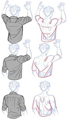 the image is a drawing tutorial depicting the process of sketching a male figure's back muscles. it features multiple steps, starting with a basic shirt outline, then adding muscle structure underneath for accurate representation. the tutorial uses simple lines and shading to illustrate the forms, focusing on anatomical accuracy and helping artists understand how muscles appear beneath clothing.