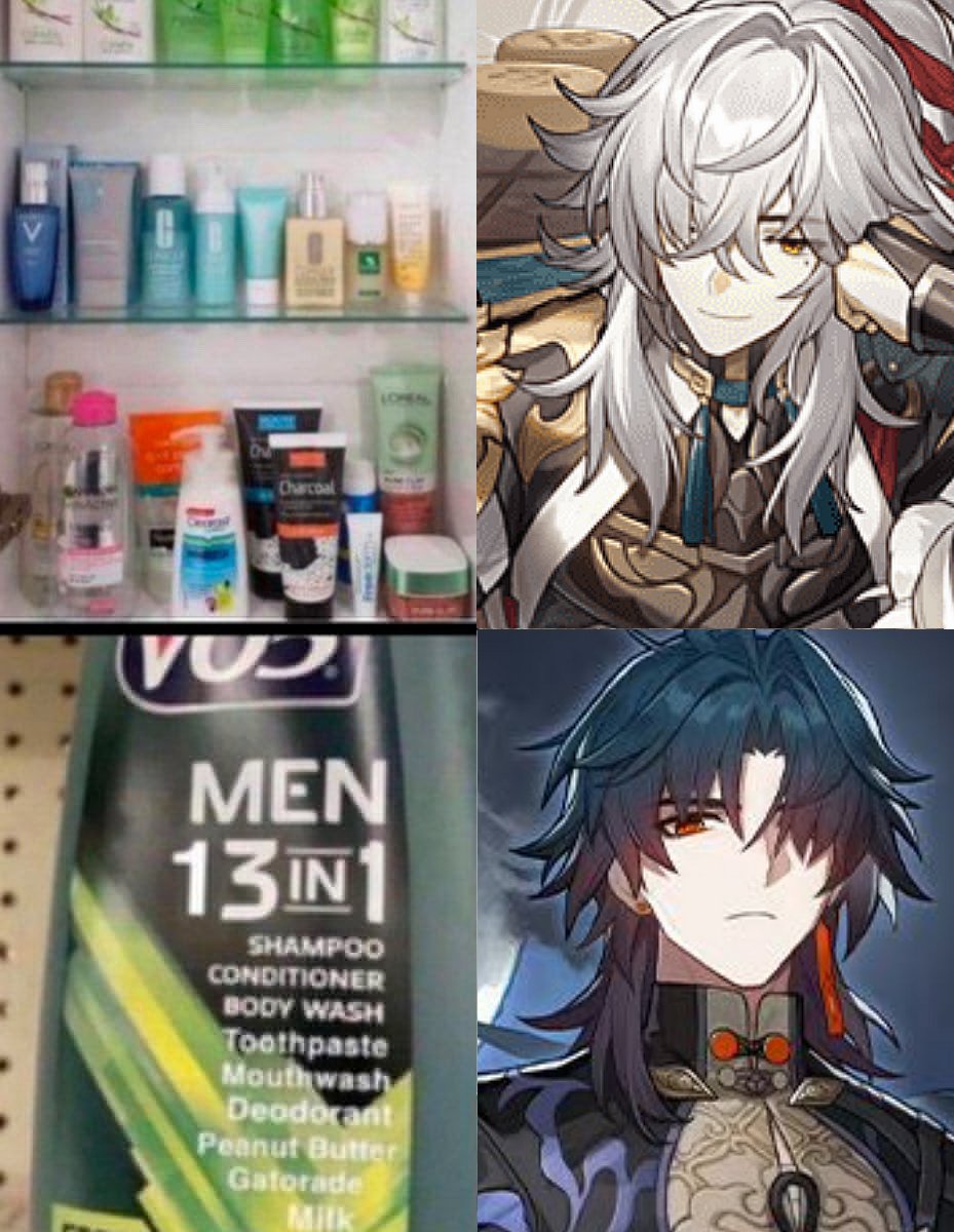 the image is a splitscreen. the top left shows a bathroom shelf full of various grooming products. below it, a bottle of vo5 "men 13 in 1" shampoo is shown, a brand that promises allinone personal care solutions. on the right side, the top half shows an anime character with long white hair, and a smug, confident expression. the bottom half shows a second anime character with black hair, red eyes, and a serious expression. the contrast between the two characters and the products, as well as their respective appearances, suggests a stylistic and symbolic difference. the imagery suggests a narrative of selfcare, grooming, and personal identity.