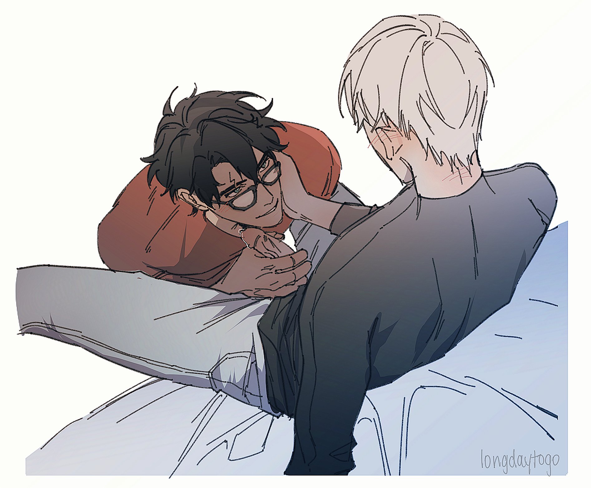 the image shows a drawing of two animestyle boys in a tender moment. one boy with dark hair and glasses is leaning over the other, who has lightcolored hair, with his hands gently caressing the other's face and body.  they appear to be in a bed or on a couch, dressed in casual clothes. the style is soft and intimate, suggesting a romantic or affectionate relationship between the two characters. the art style is loose and sketchy, with a focus on the emotional connection between the two. the background is simple and uncluttered, drawing attention to the figures. a watermark in the bottom right corner indicates the artist's signature.