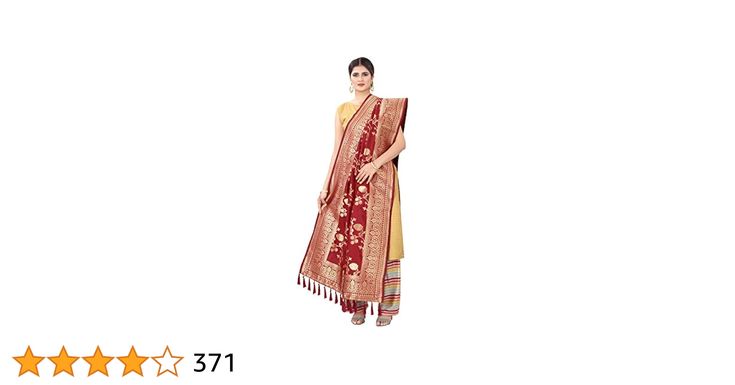 a woman is modeling a traditional outfit with a shawl. the image also contains a customer rating of 4 stars and a number of 371.