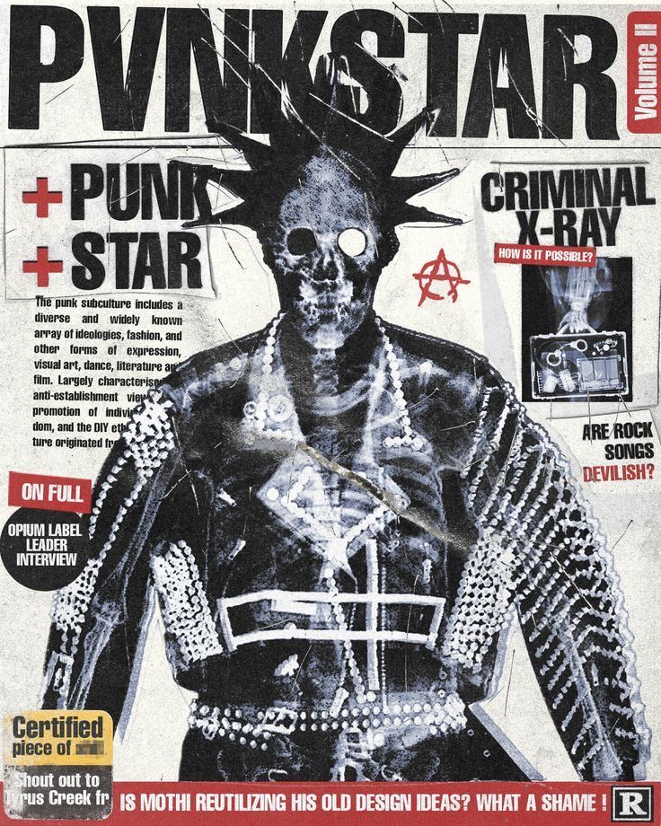 the image is a magazine cover featuring a punk rock skull with anarchy symbol. the cover is a black and white photo with the skull wearing a leather jacket with studs, chains, and a cross. the magazine is titled "punk star" with the tagline "volume ii". there are other text elements on the cover, including "criminal xray" and "are rock songs devilish?"  the overall style is grunge and rebellious, with a strong emphasis on punk rock culture. the image conveys a sense of defiance and rebellion against the mainstream.