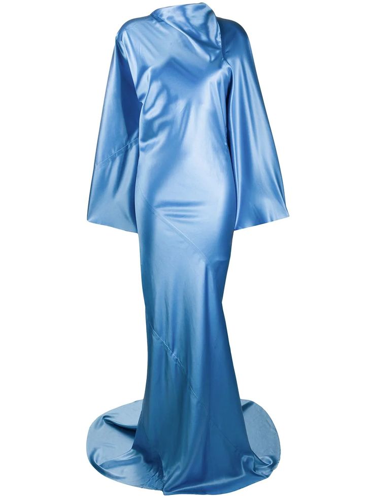 a light blue satin gown with a high neck, wide sleeves, and a train is displayed against a white background.