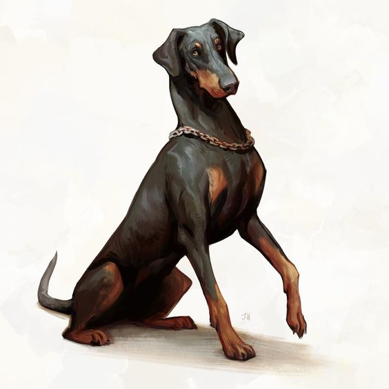 the image is a digital illustration of a doberman pinscher dog. the dog is sitting and looking slightly to the right. it has a black and tan coat and is wearing a thick chain collar. the background is white. the lighting is soft and the perspective is at eye level with the dog.