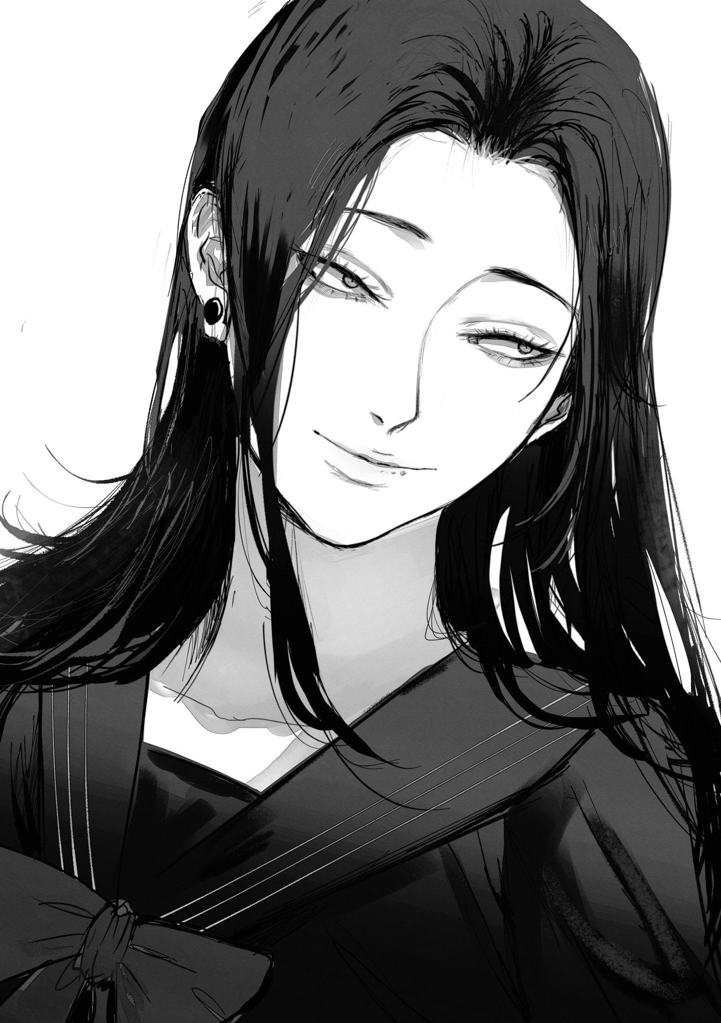 a black and white drawing of a girl with long black hair. she is looking to the side and has a slightly mischievous smile on her face. she is wearing a dark collar and bow. her hair is very detailed.