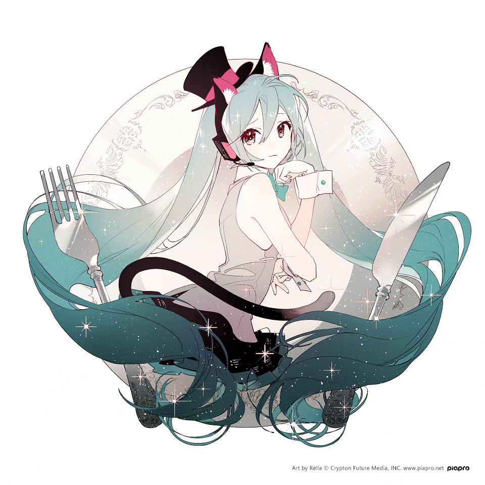 the image is an illustration of an anime girl with long, blue hair and red eyes. she is wearing a top hat with cat ears, a tuxedo, and has a black cat tail. she is sitting on a plate with a fork and knife. there is a small black cat below her. the background is white and there are sparkling effects throughout the image.