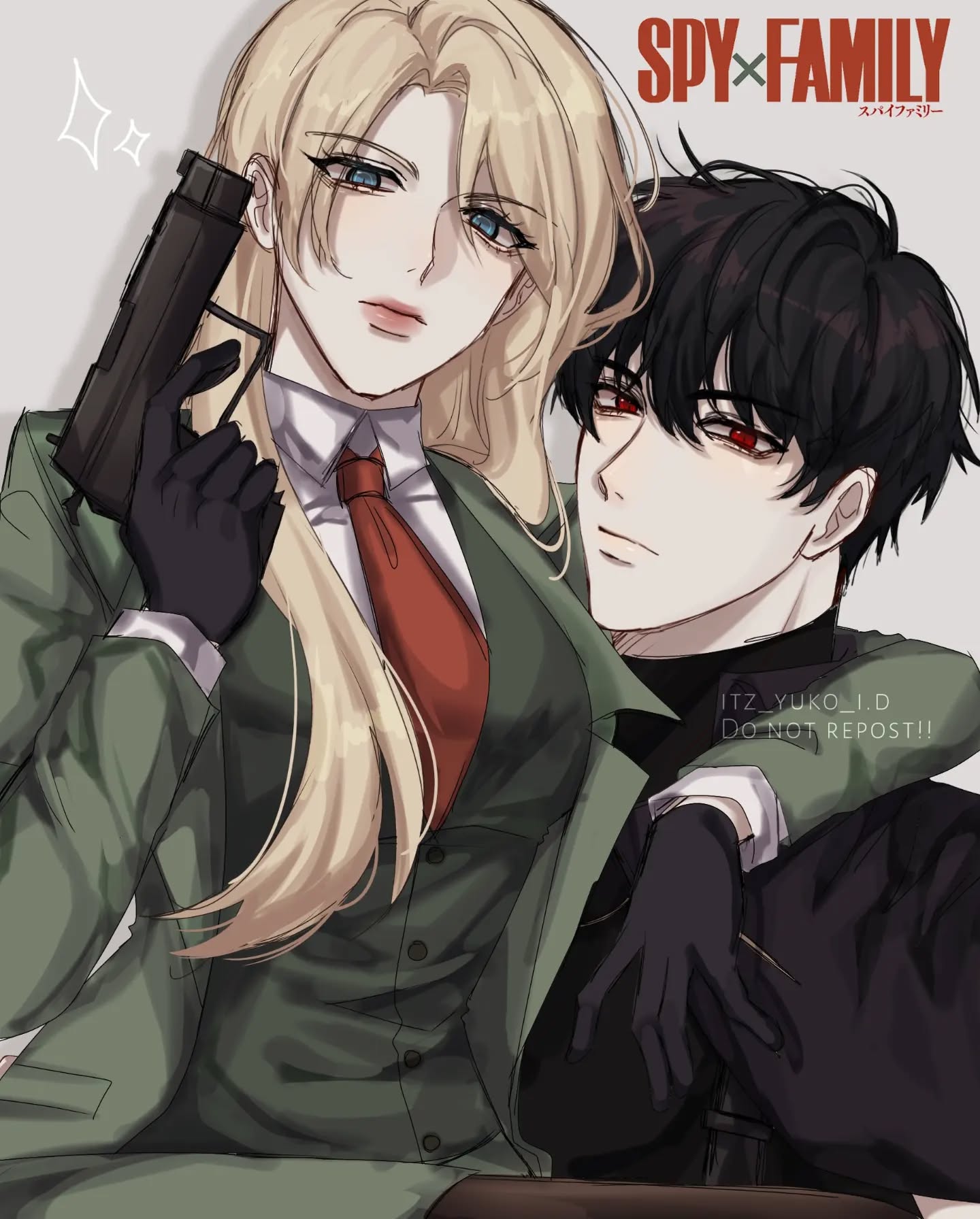 the image is a piece of digital fanart depicting yor forger and loid forger from the anime and manga series spy x family.  yor, with her signature blonde hair and green suit, is holding a handgun.  loid, with his black hair and dark suit, is embraced by yor.  both characters are drawn in a style consistent with the anime, with attention to detail in their clothing and expressions. the artwork is intimately close, showcasing an affectionate moment between the couple. the spy x family logo is visible in the upper right corner. a watermark reading "itz_yuko_i_d do not repost!!" is present on the image.