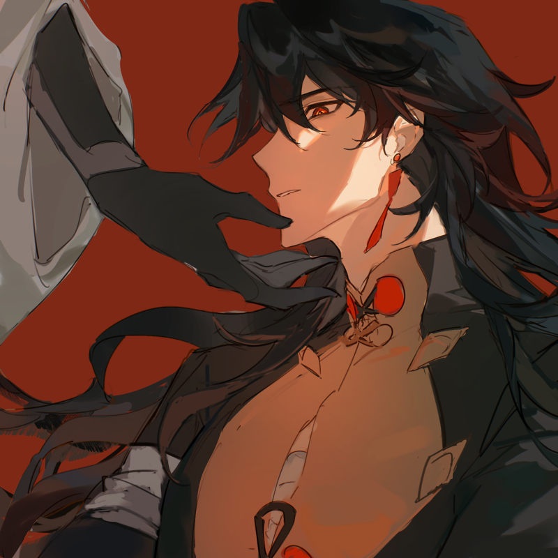 an anime man with long black hair and red eyes is looking away from the camera. he has red earrings and a red scarf around his neck. he is wearing a black jacket over a white shirt. there is a hand reaching towards his neck,