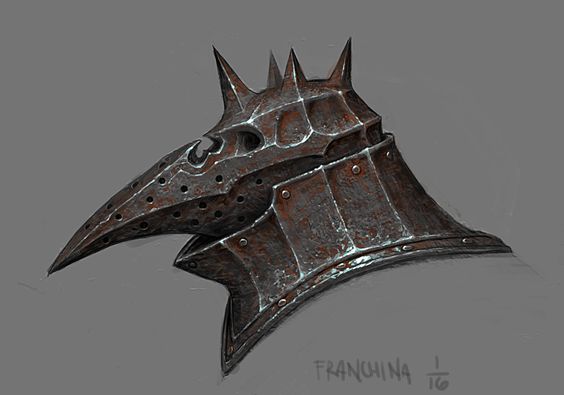 the image showcases a digital illustration of a metal helmet designed with a menacing birdlike beak resembling a plague doctor's mask.  the helmet features a spiked crest and a weathered, metallic finish, suggesting it's been through battles. the artist's signature, "franchina," is visible in the bottom right corner.