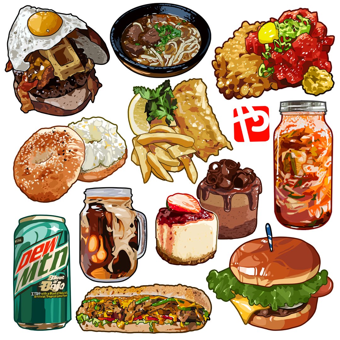 this image features a variety of delicious foods, including a burger, sandwich, noodle soup, fries, cheesecake, kimchee, bagel, iced coffee, and soda. the image is arranged in a way that makes it look like a feast for the eyes. the food is all brightly colored and looks very appetizing.