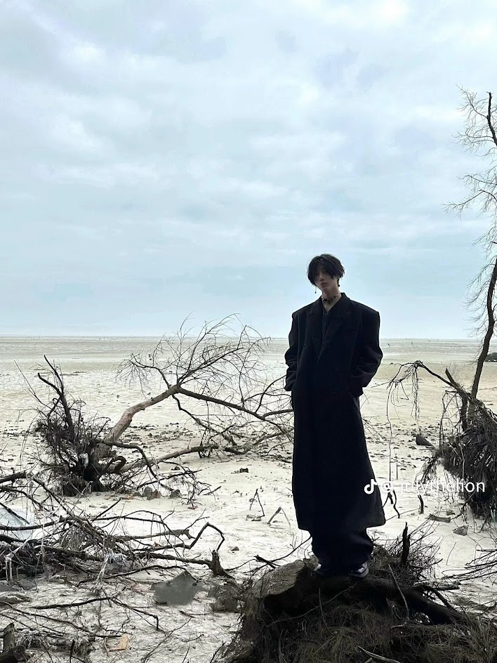 a man in a long black coat poses on the beach, while standing on a piece of driftwood. the beach has white sand and scattered dead branches and twigs. the sky is a light blue, with clouds.
