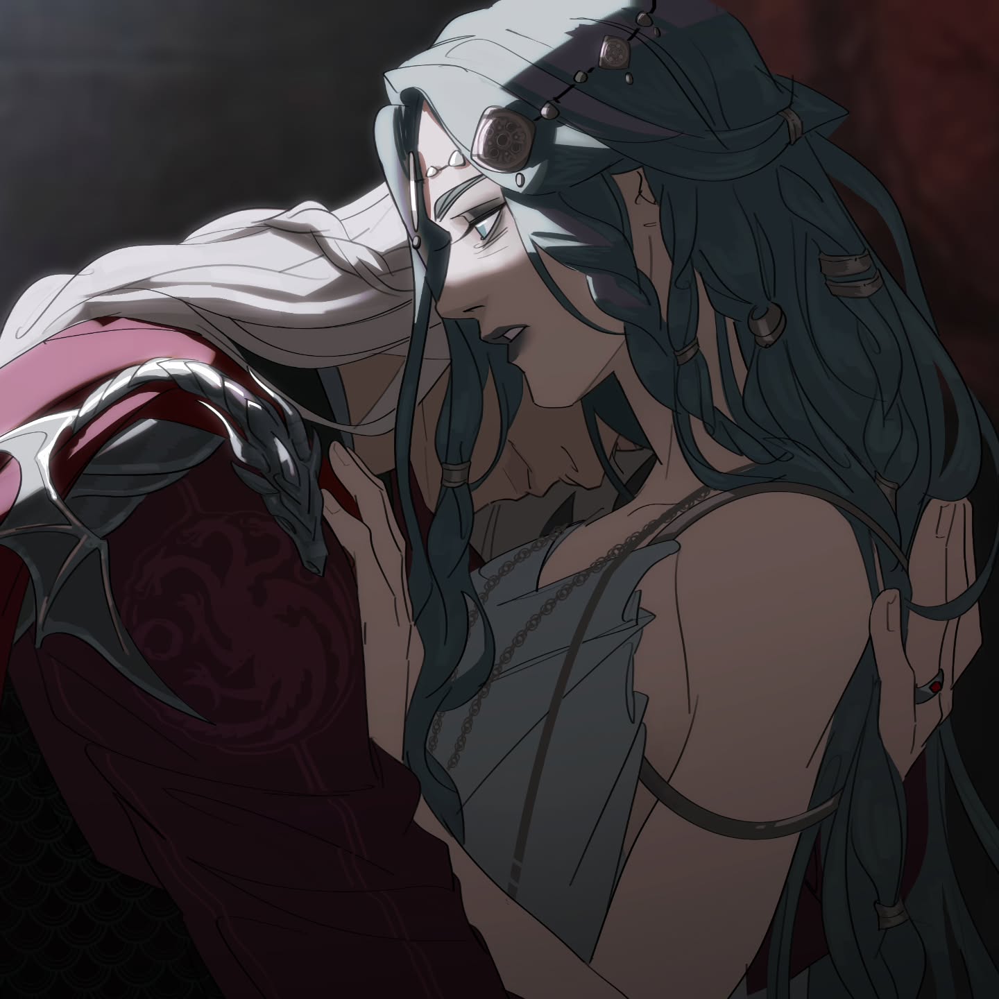 the image is a digital painting depicting a romantic embrace between a man and a woman. the woman has long, teal hair adorned with ornate jewelry, and she is wearing a lightcolored, seemingly grecianstyle garment.  the man has long, grey hair and is wearing dark clothing with a prominent dragonlike motif on his shoulder.  the lighting is dramatic, with strong shadows emphasizing the intimacy of the scene.  the overall style is elegant and artistic, with a distinct fantasy aesthetic. the focus is on the couple's close embrace and the detail of their clothing and jewelry.