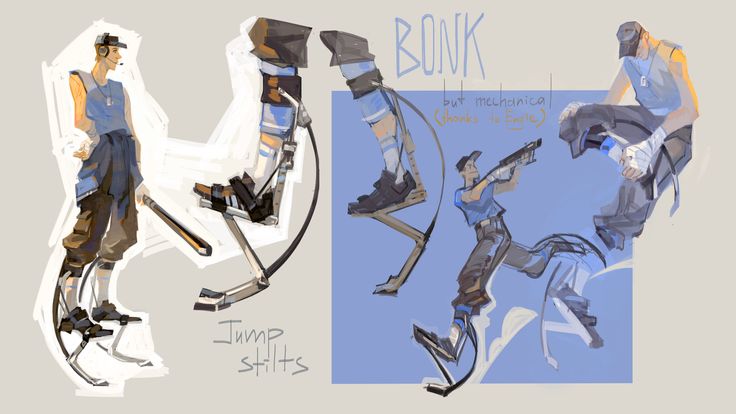 a digital illustration of four cartoon characters in a scifi setting. two of the characters are wearing blue and are using jump stilts to move around. the other two characters are also in blue but one is in a jumping pose and the other is shooting a weapon. the background is a light blue with clouds.