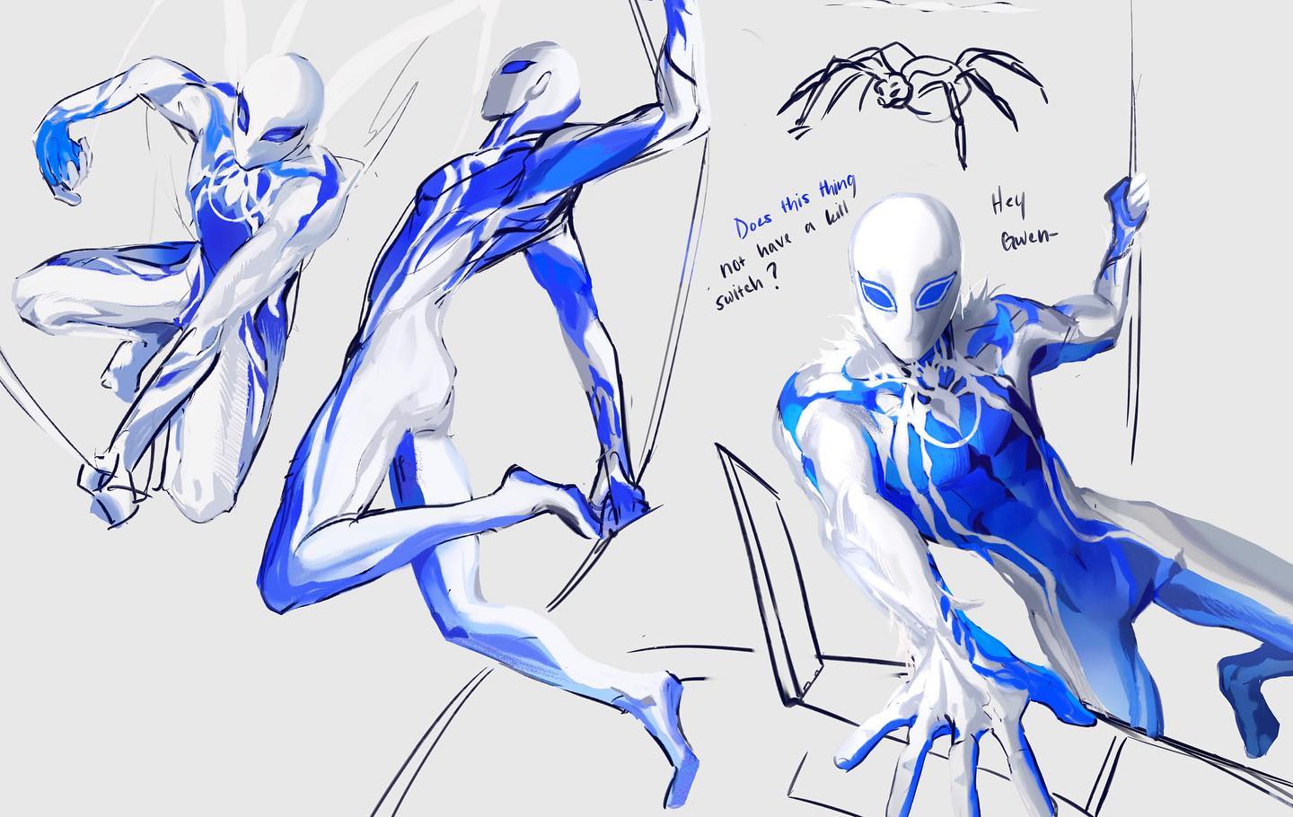 a series of sketches showing a spiderman inspired character design, featuring a white and blue color scheme. the character is depicted in various dynamic poses, showcasing their agility and flexibility. the artist has also included notes and annotations regarding the design.