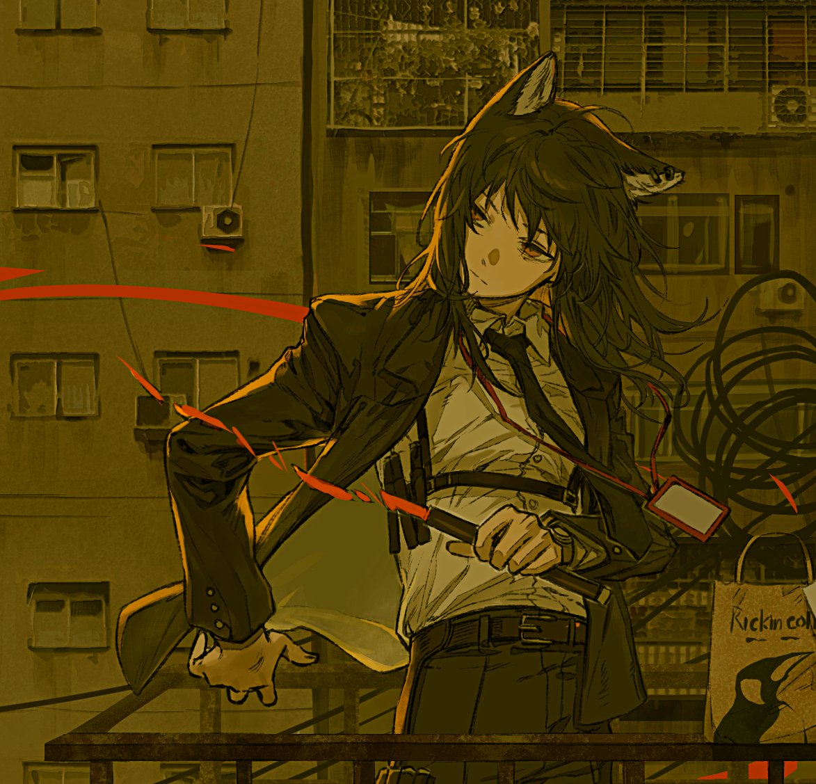 anime style image of a character with wolf ears, dark hair, wearing a suit, tie, and harness. the character is holding a weapon, possibly a knife, with red accents in the image. the background features a city landscape with buildings, air conditioners, and tangled wires. there is a bag with writing on it visible in the lower right corner. the overall tone of the image is monochrome with a dark aesthetic.