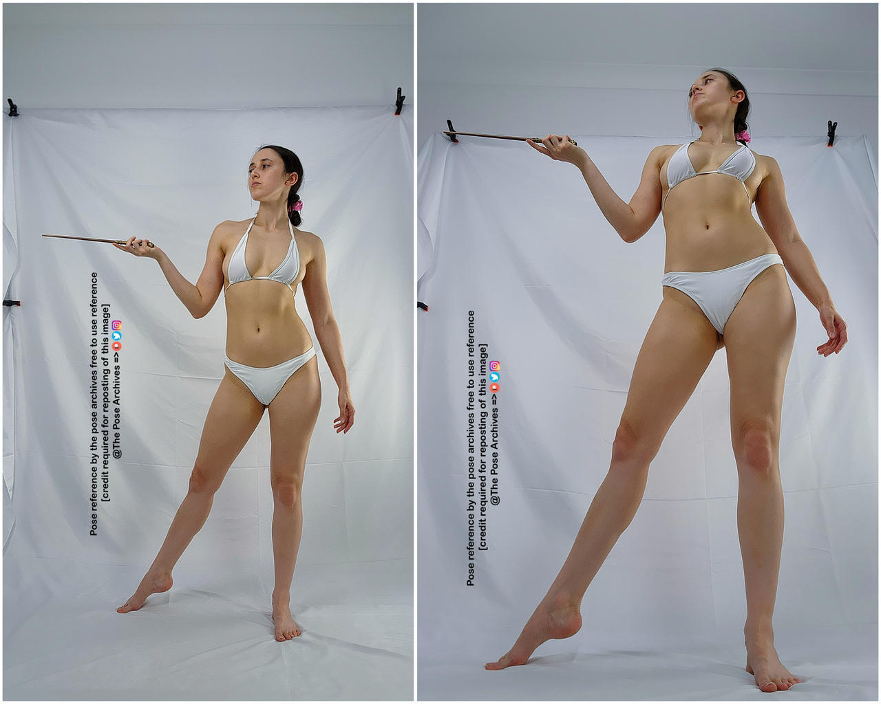 a woman in a white bikini is standing in two different poses holding a wand. the background is white and the lighting is bright. the images appear to be intended as pose references.