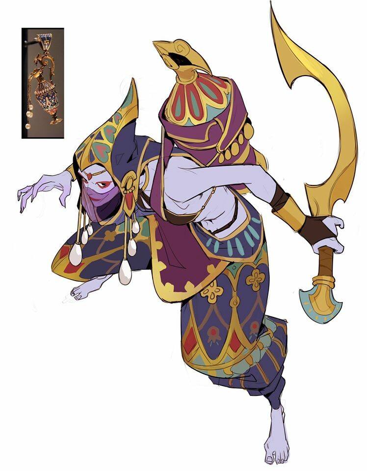 the image shows a digital illustration of a female fantasy character. her design is heavily inspired by ancient egyptian or middle eastern aesthetics. she wears elaborate, ornate clothing in shades of purple, gold, and teal, featuring intricate patterns.  a large, golden scythelike weapon is prominent. on her head is a headdress that resembles an ancient perfume bottle, a design echoing a smaller version shown in the upper left corner, indicating a possible source of inspiration. the character has a masked face, and her pose suggests movement, perhaps that of a dancer or a swift warrior. the overall style is a mix of dynamic pose and carefully detailed costume elements, making it likely concept art for a game, animation, or book.