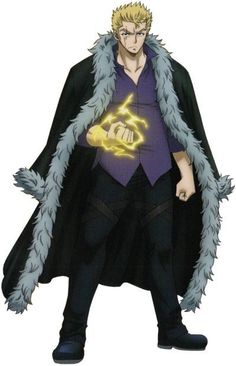 a male anime character with blond hair and a black coat with a fur collar. he has on a purple shirt and black pants. there is a yellow light in his hand.