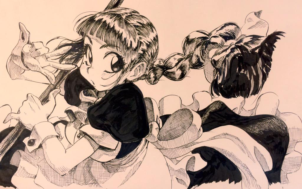 this illustration features two girls dressed in maid outfits, likely inspired by anime or manga. the first girl is prominently displayed, holding a stafflike weapon and striking a dynamic pose. the second girl is partially obscured, visible only from the back with a braided ponytail. the style emphasizes large eyes, exaggerated expressions, and detailed linework characteristic of japanese animation.