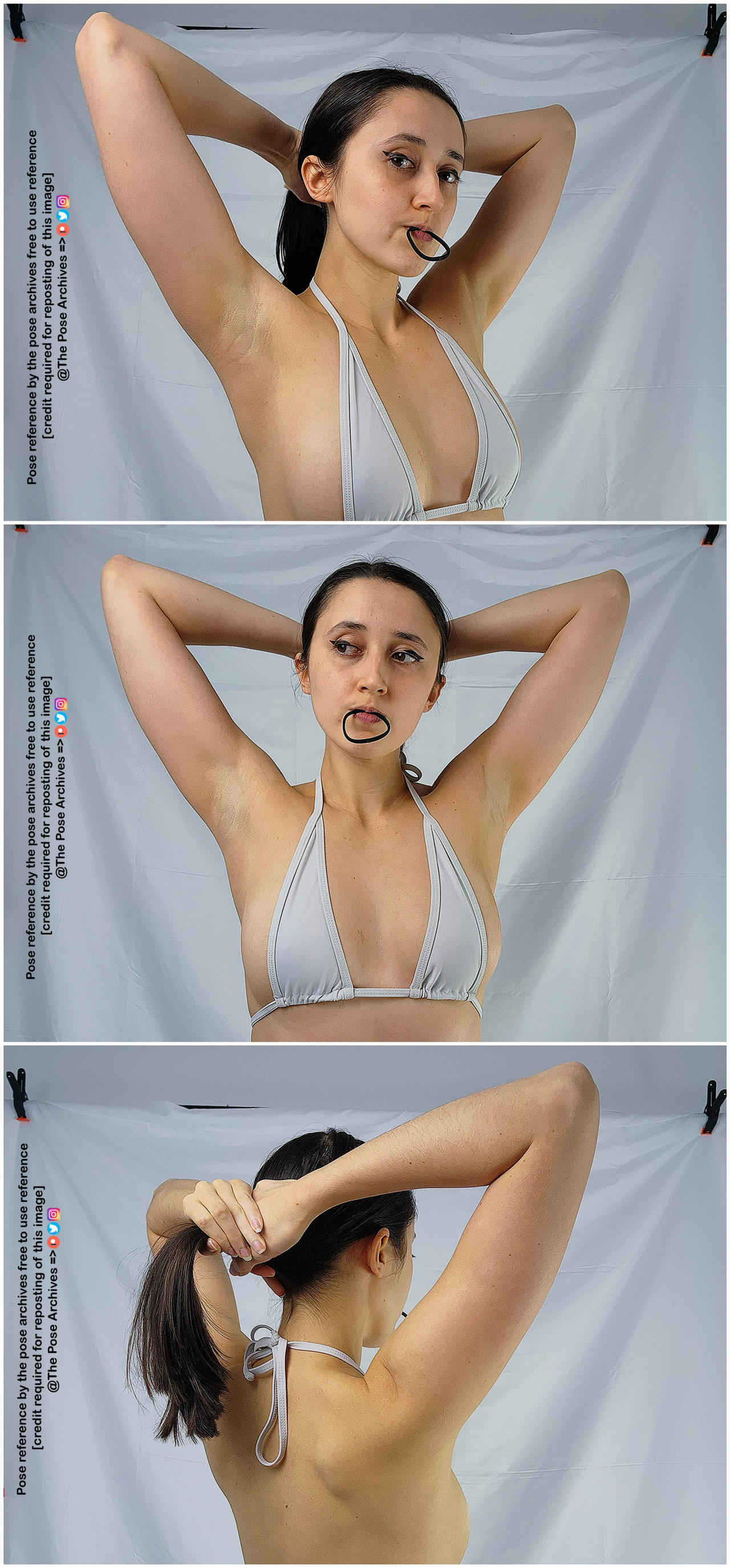 a woman with dark hair pulled back in a ponytail is shown in three different poses against a white background. she is wearing a white bikini top and has her arms raised in each image, showcasing different arm and hand positions.