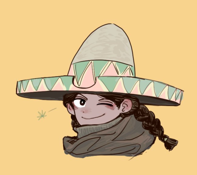 a cartoon illustration of a girl with a sombrero on her head, wearing a grey and brown scarf, she is smiling and winking. the background is orange.
