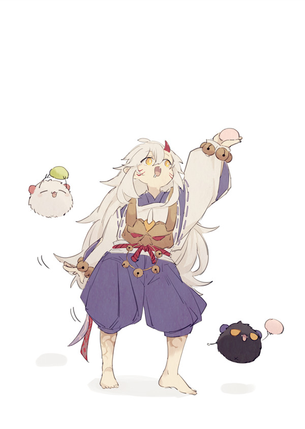 an anime girl with long white hair is wearing a white shirt with a purple, baggy, short pant and a red belt with bells on it. she is wearing brown boots, but they aren't visible. she has a red horn on the top of her head and is smiling with her mouth open. she's holding a light pink ball in her right hand and it looks like she's playing with three small fluffy creatures that are flying around her.