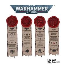 the image shows four parchment ribbons, each adorned with a red wax seal bearing a unique emblem. the ribbons appear to be official documents or certificates, likely associated with the warhammer 40,000 universe, as indicated by the prominent "warhammer 40,000" logo at the top. the presence of the wax seals suggests authenticity and importance, hinting at the significance of the documents within the game's lore or a player's collection.