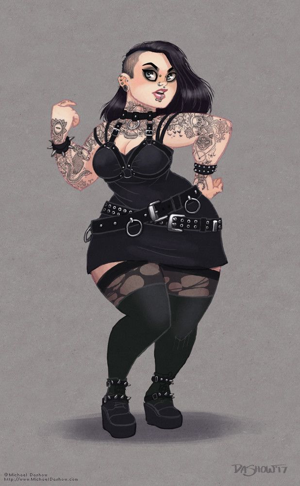 illustration of a plus size woman in goth fashion with dark hair, shaved side, tattoos, piercings, and various accessories such as a choker, spike bracelet, black dress, multiple belts, buckles, platform shoes, and stockings. she is standing in a confident pose with a slightly raised hand.