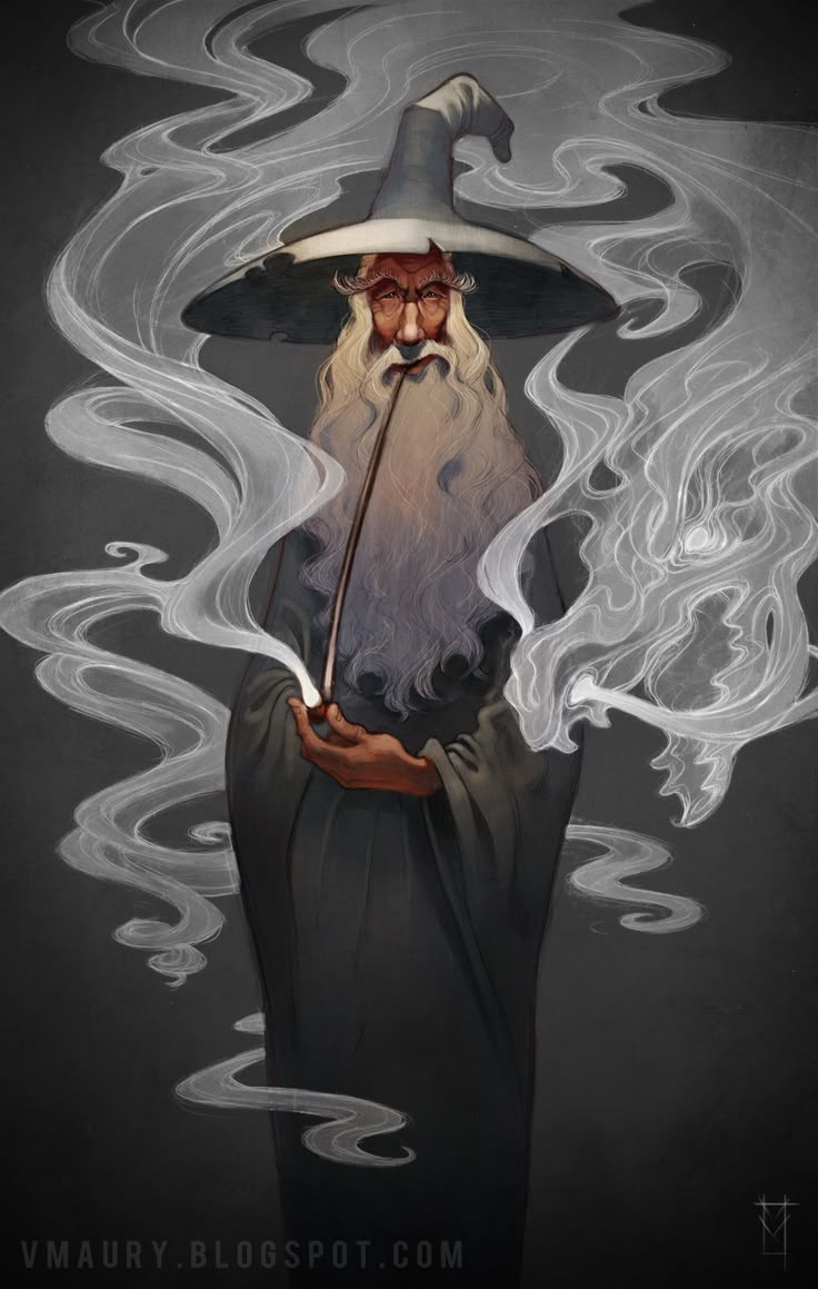 an illustration of the wizard gandalf, wearing his iconic hat, smoking a pipe. smoke curls around him, and he is dressed in a dark robe. the image is in a painterly style.