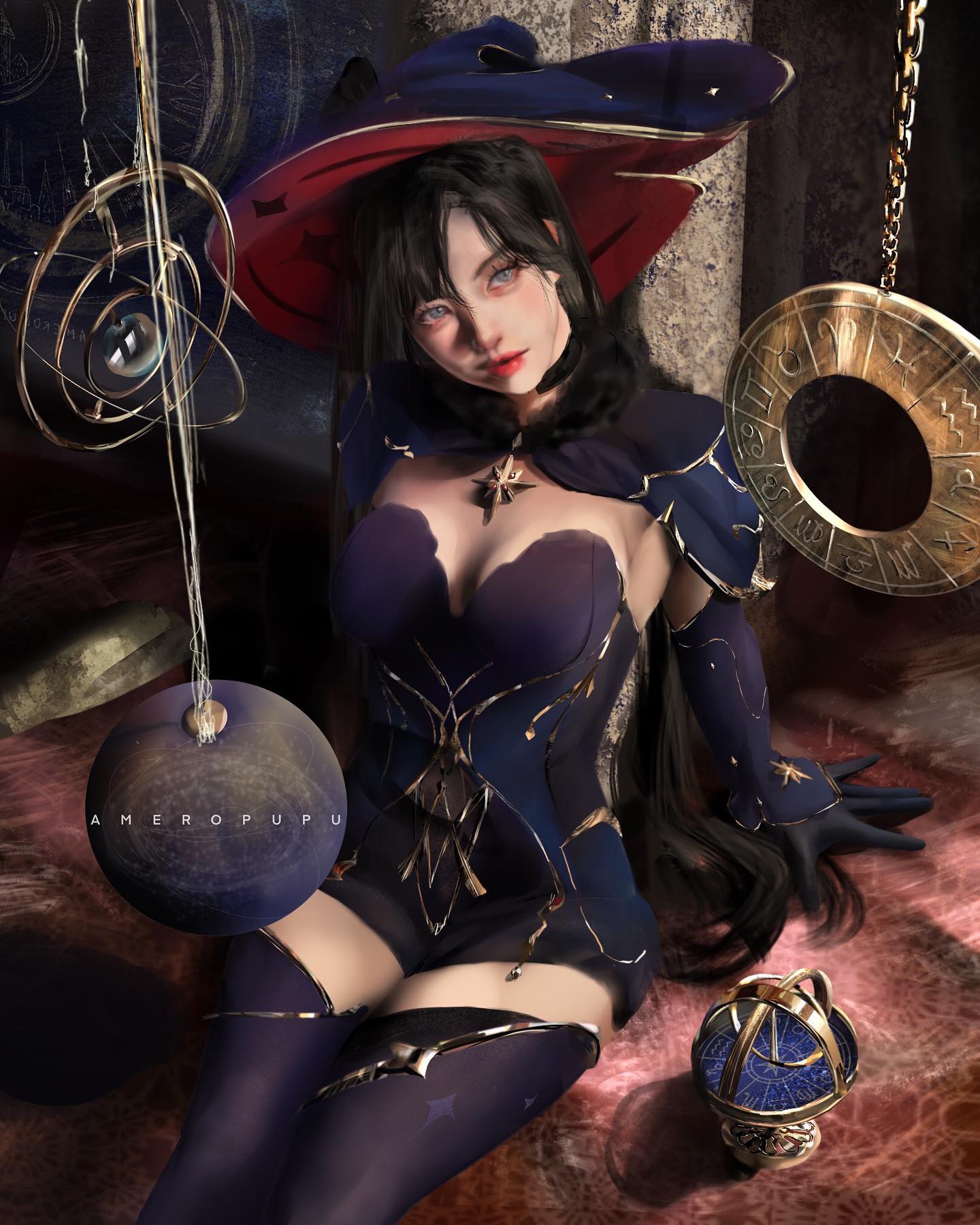 the image is a digital painting or illustration featuring a young woman with dark hair, styled as a witch or sorceress. she wears an elaborate dark purple and gold outfit with a large, widebrimmed hat. the setting appears to be a mystical or occult space, with celestial elements such as orbs, pendulums, and astrolabes subtly incorporated into the scene. these objects suggest an interest in astronomy and the cosmos. the overall mood is dark, mysterious, and slightly gothic. the woman's expression is somewhat serious and introspective.  the artist's signature, ameropupu, is visible in the lower left corner. the art style appears to be in the realm of anime or manga inspired digital painting.