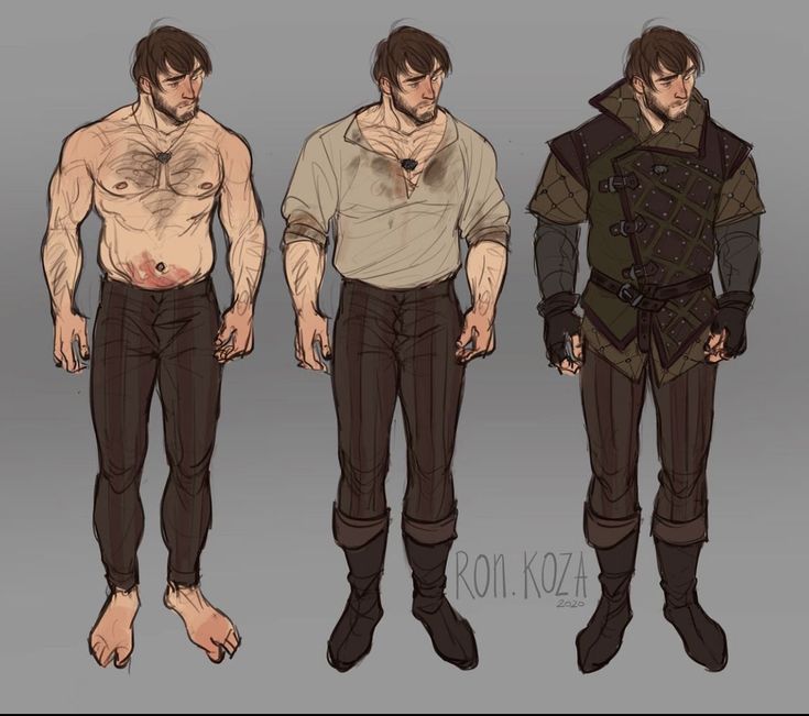 the image shows three variations of a single male character design, likely for a fantasy game or novel.  the character is muscular and has a beard. the three variations showcase different levels of clothing:  the first is shirtless showing scars and wounds, the second in a stained, simple tunic and pants, and the third in more elaborate, armored clothing.  the style is a loose, painterly digital sketch with a muted color palette. the artist's signature, "ron. koza 2020," is visible in the bottomcenter.