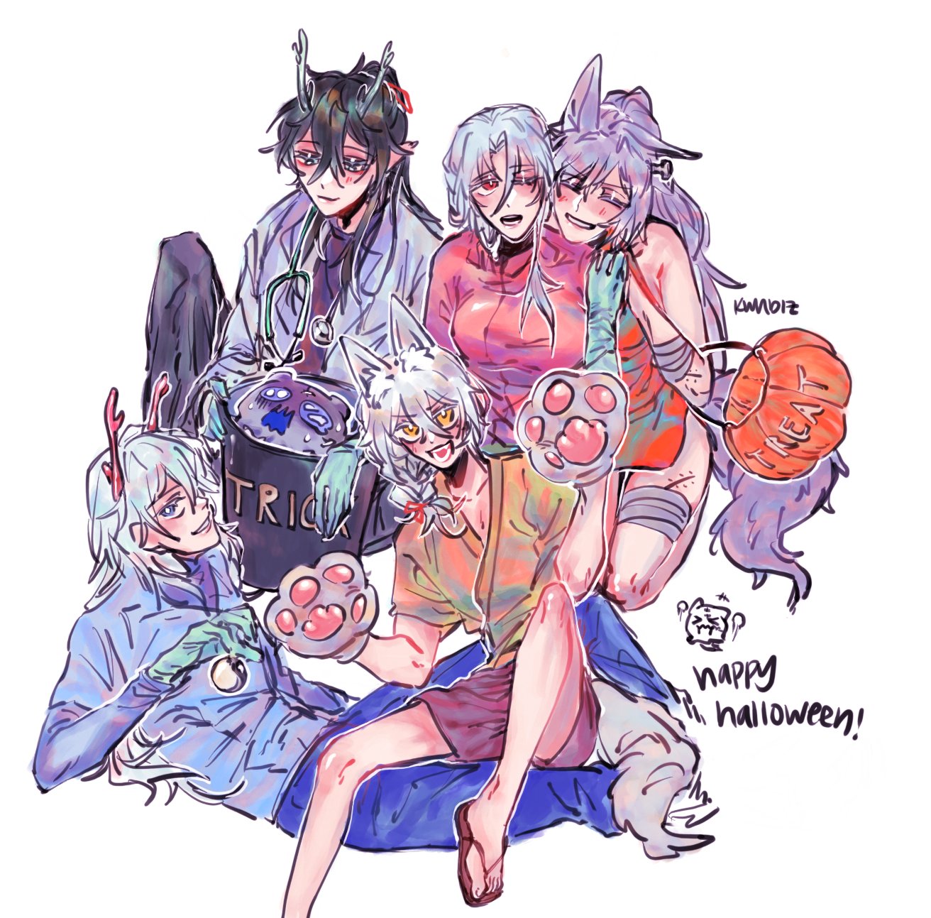 this is a colorful illustration of five anime characters dressed up for halloween. the characters are all smiling and having fun. they are dressed in a variety of costumes including a cat costume, a doctor's costume, and a tshirt and shorts. one character is carrying a bucket labeled "trick or treat".  there is a pumpkin shaped bag and the words "happy halloween" written on the image.