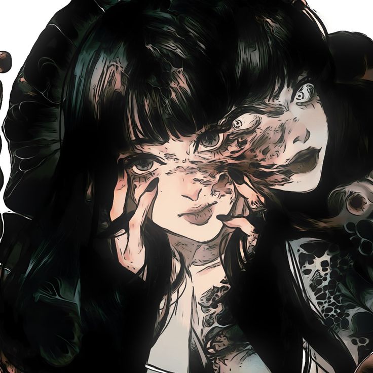 the image is a digital artwork depicting a young animestyle girl with dark, long hair. her face is partially obscured and merged with a grotesque, decaying face. the style is dark, gothic, and horroresque. the girl's hands are raised to her face, seemingly in a gesture of fear or selfconsciousness.  the overall mood is unsettling and surreal, conveying a sense of dual personality or a struggle with inner demons.  the detail in both the cute and horrific elements is striking. the artwork's color palette is predominantly dark, with shades of black, grey, and muted browns.