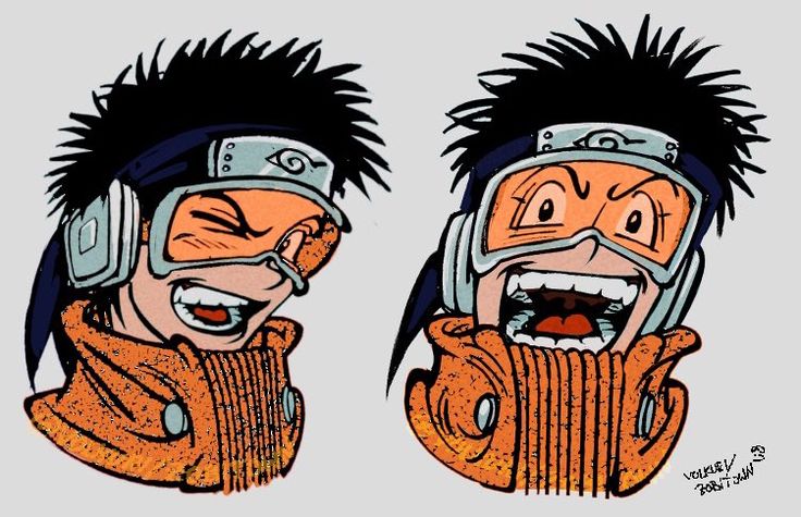 the image features two cartoon animestyle characters with similar features. the characters are both male and have spiky black hair, orange goggles, black headbands with a white swirl symbol, and a large grin. the character on the left has a small smile and looks happy, while the character on the right has a wider mouth and is laughing, showing all of his teeth. the characters are dressed in a similar outfit, with an orange scarf and black lining. the image is drawn in a comic book style with black lines and white highlights. the background is white.