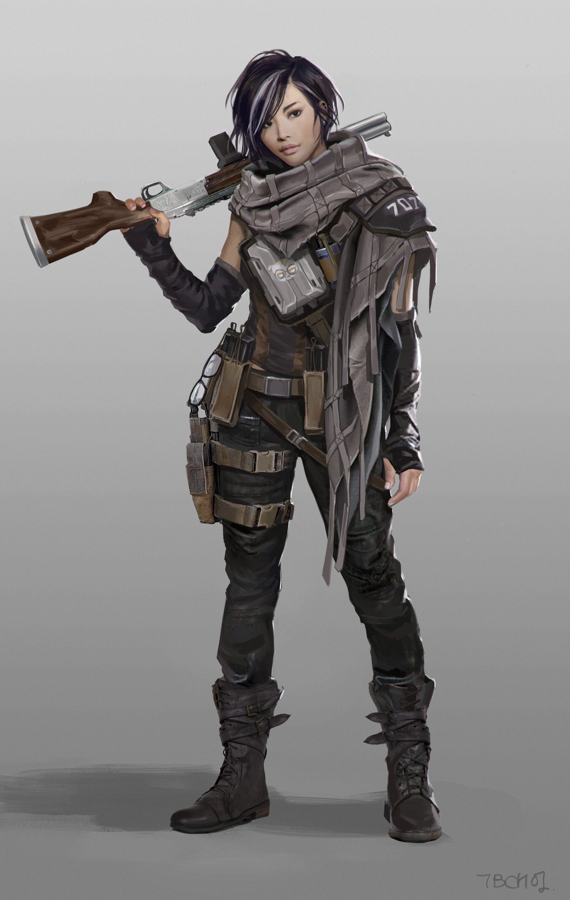 the image is a digital painting depicting a young asian woman, a soldier or warrior, dressed in dark, tactical clothing.  she appears to be in a futuristic or postapocalyptic setting.  her attire includes a long scarf, numerous pouches and holsters for carrying equipment, heavy boots, and a long rifle or shotgun slung across her shoulder.  the overall style of the art suggests a character design for a game or other media. the background is a simple, neutral grey, making the character the focal point of the image. the artist's signature, tbcn01, is visible in the bottom right corner.