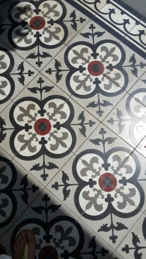 the image shows a closeup view of a floor covered with intricate patterned tiles. the tiles are predominantly black, white, and grey, with accents of red in the center of the floral designs. the pattern is repeating and symmetrical, creating a visually appealing geometric design. the tiles appear to be vintage or antique, possibly encaustic tiles, with a slightly worn texture. sunlight is casting shadows across the floor, adding depth to the image. a person's foot and lower leg are visible in the bottom left corner, giving a sense of scale. the overall aesthetic is elegant, traditional, and classic.