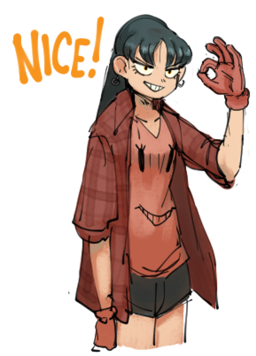 a cartoon illustration of a young woman with long black hair, wearing a red and black plaid jacket over a red tshirt and black shorts. she's smiling broadly, looking confident, and giving the "okay" gesture with her right hand, which is wearing a red glove. the image is bright and cheerful, giving off a sense of positivity and youthfulness.  the text "nice!" is included in the image, adding to the positive vibe.