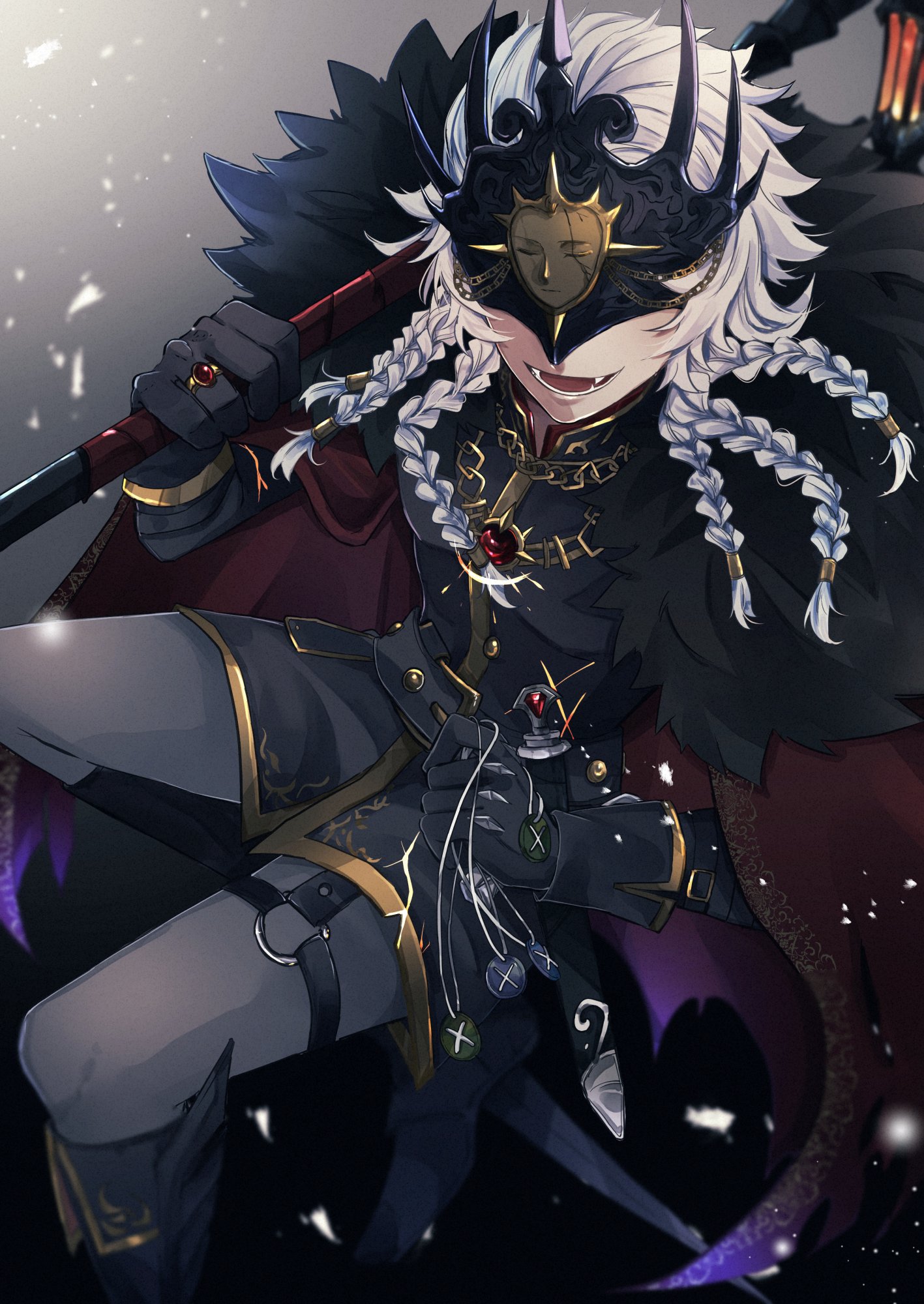 a digital art image of an anime girl with white hair wearing a black cloak.  she is holding a weapon, and has a mask on her face.  her expression is serious, with a hint of a smile.