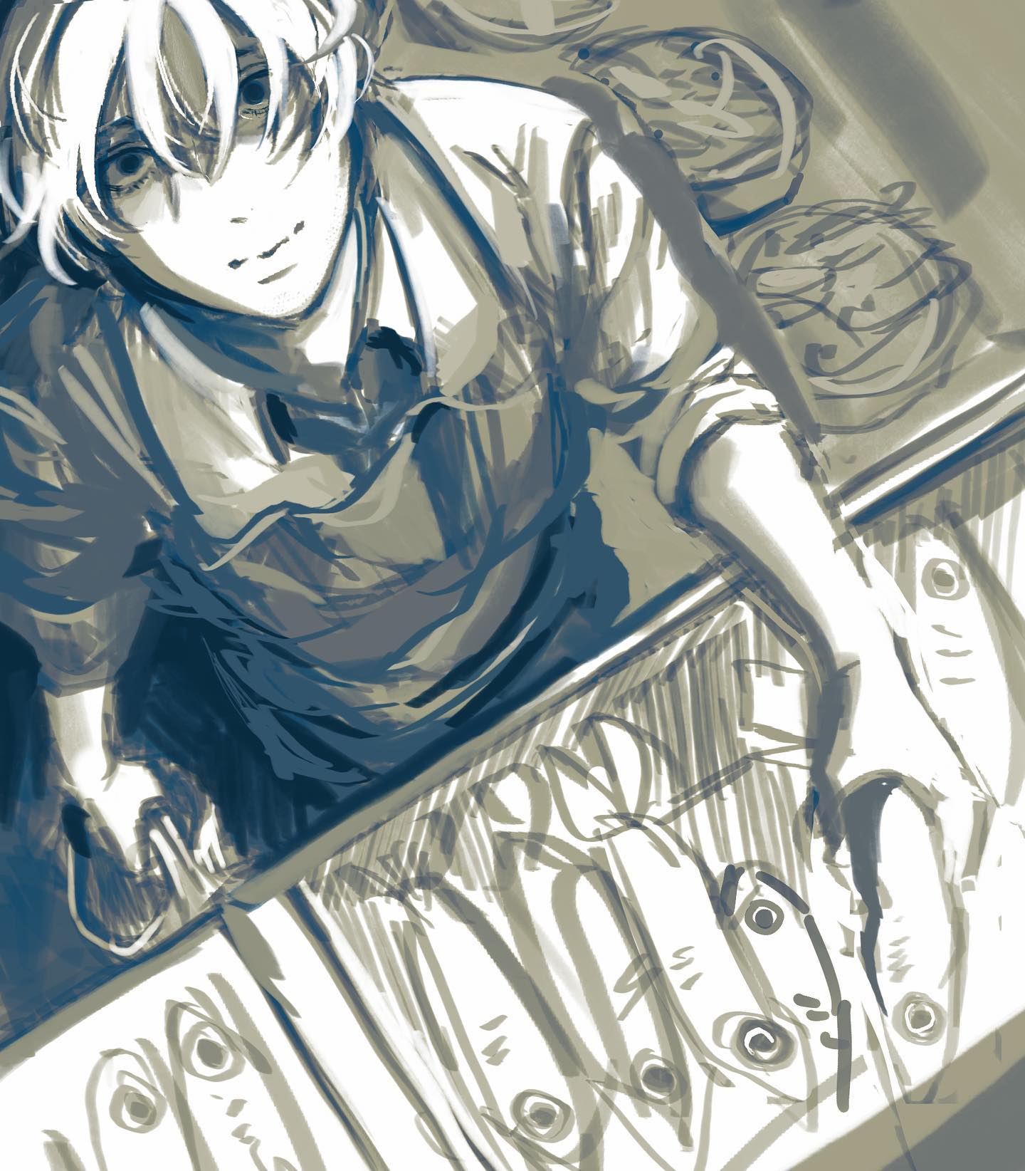 a black and white sketch of a young man working at a fish market. he's smiling gently as he arranges the fish on his stall. the perspective is from above, looking down at him and the fish.