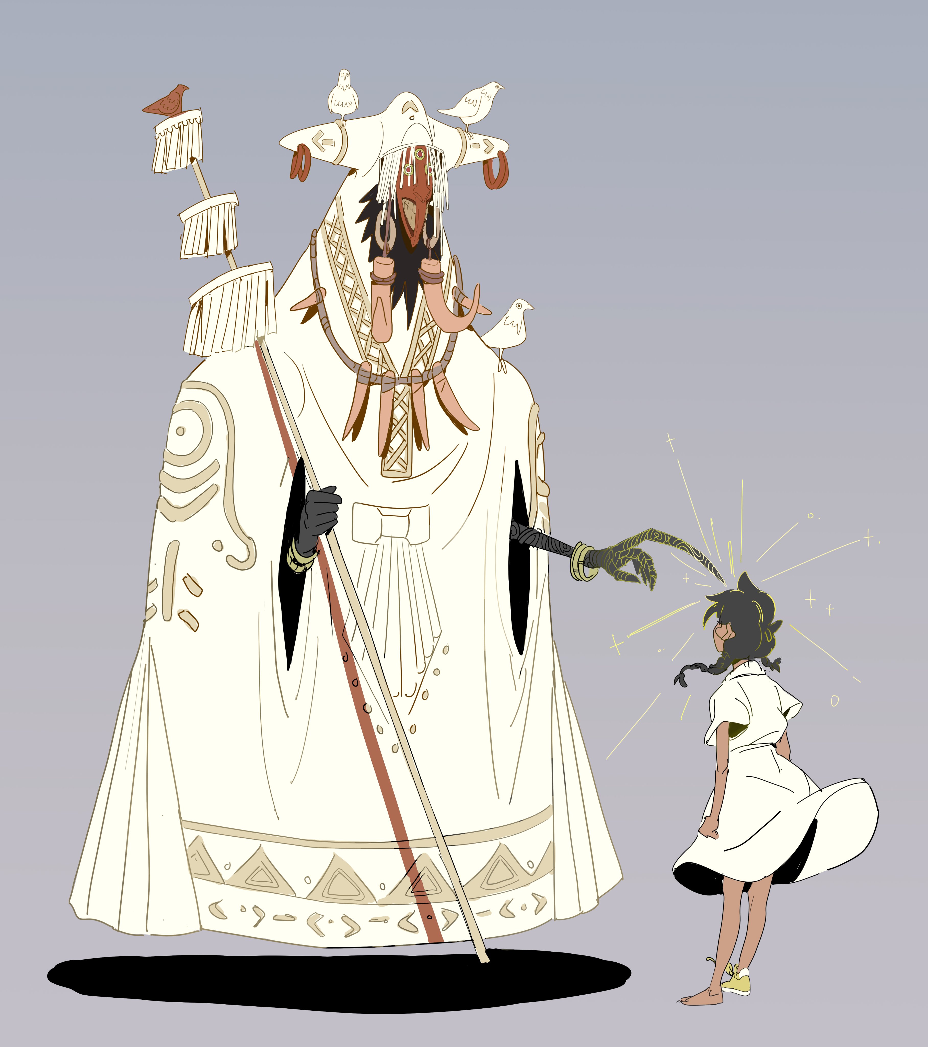 the illustration depicts a tall, imposing figure, possibly a deity or shaman, adorned in a flowing white robe with intricate tribal patterns and a large, birdlike mask. the figure holds a long staff with featherlike adornments. small white birds perch on the robe and staff. the figure extends a hand towards a small girl, dressed in a simple white dress, with a gentle glow emanating from their point of contact. the scene suggests a blessing or magical ritual, imbued with a whimsical and spiritual atmosphere. the style is soft and detailed, with muted colors and a flowing linework that creates a sense of serenity and mystery.