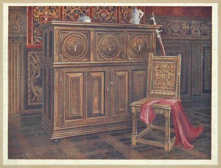 the image shows a painting of an interior scene with furniture. the main focus is on a wooden cabinet with intricate circular designs on its upper doors. a wooden chair with decorative patterns is placed to the right of the cabinet, draped with a red cloth. above the cabinet, there are silver objects including a pitcher and another metal item. a long, narrow weapon is positioned behind the chair. the wall in the background is adorned with decorative patterns and carvings. the floor has a tiled appearance. the overall style is reminiscent of a historic or traditional setting.