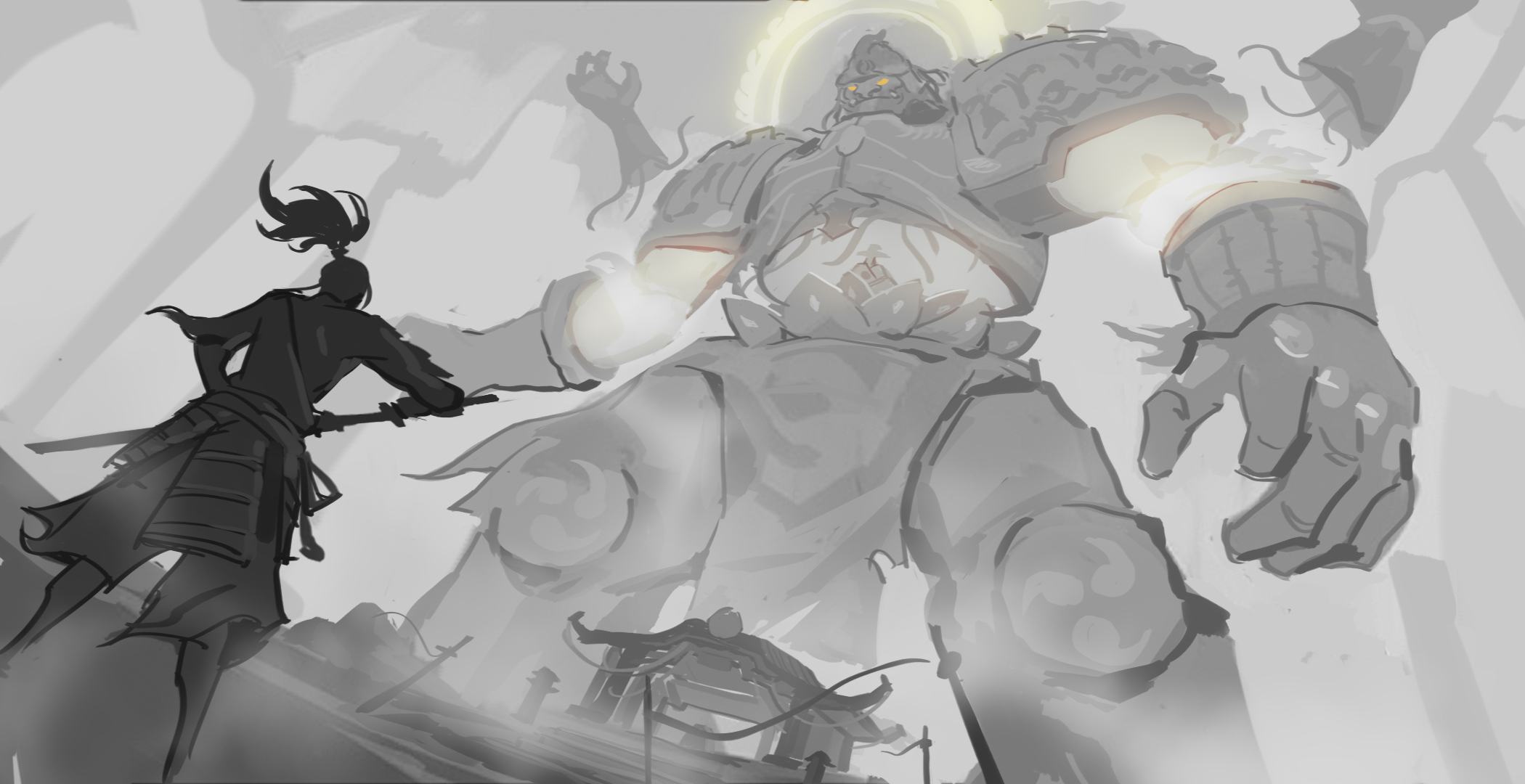 this is a sketch of a giant warrior with a halo above its head facing a samurai, the giant warrior's fist is clenched and the samurai is holding a sword. the sketch is drawn in grayscale, with black and white tones, and it is set against a background of smoke and clouds.