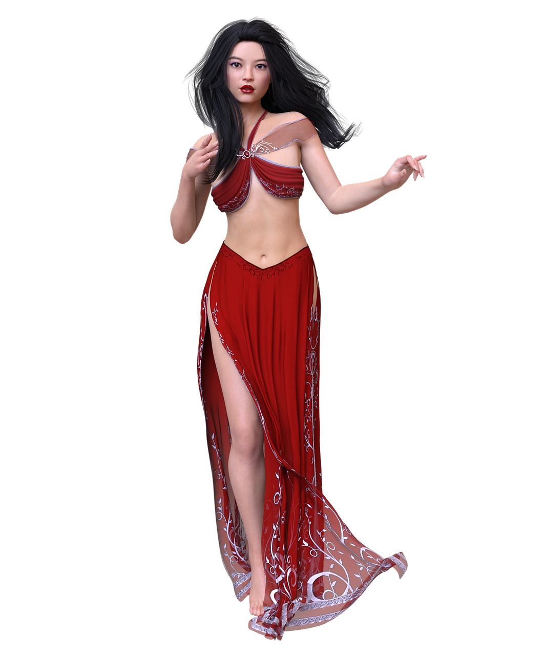 a digitally rendered image depicts a woman with dark hair, dressed in a red gown with silver embellishments. she is barefoot and appears to be posing in a fantasy or artful context.