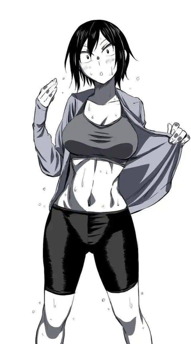 anime style image of a fit, sweaty woman with short black hair, wearing a sports bra and running shorts. she's perspiring and has visible abs, and is holding her jacket open while gesturing with her hand. she has a surprised expression on her face, as if startled. the style is mangalike, focusing on detailed linework and shading. the image captures the aftermath of physical exertion, possibly from exercise or a workout.